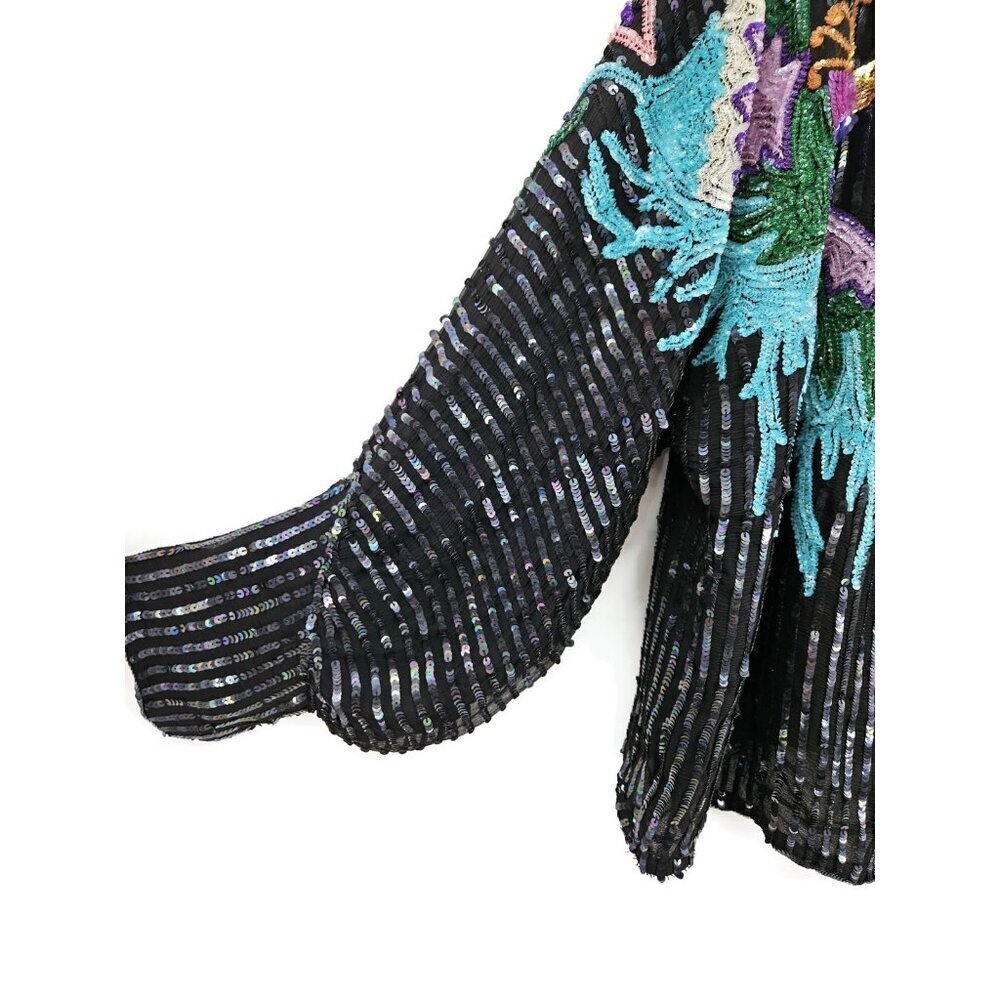 Vtg Cassis Peacock Bird Sequin Top Womens L Black Silk - Picture 5 of 6